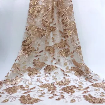 

Latest Champagne Gold African Lace Fabric Tulle Embroidery French Net Lace Fabrics With Sequense Sequins For Nigeria Women Dress