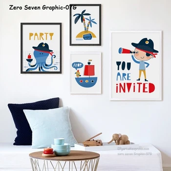 

Simple And Lovely Cartoon Pirate Party A4 Canvas Painting Art Print Picture Poster Wall Children's Room Bedroom Home Decor Mural