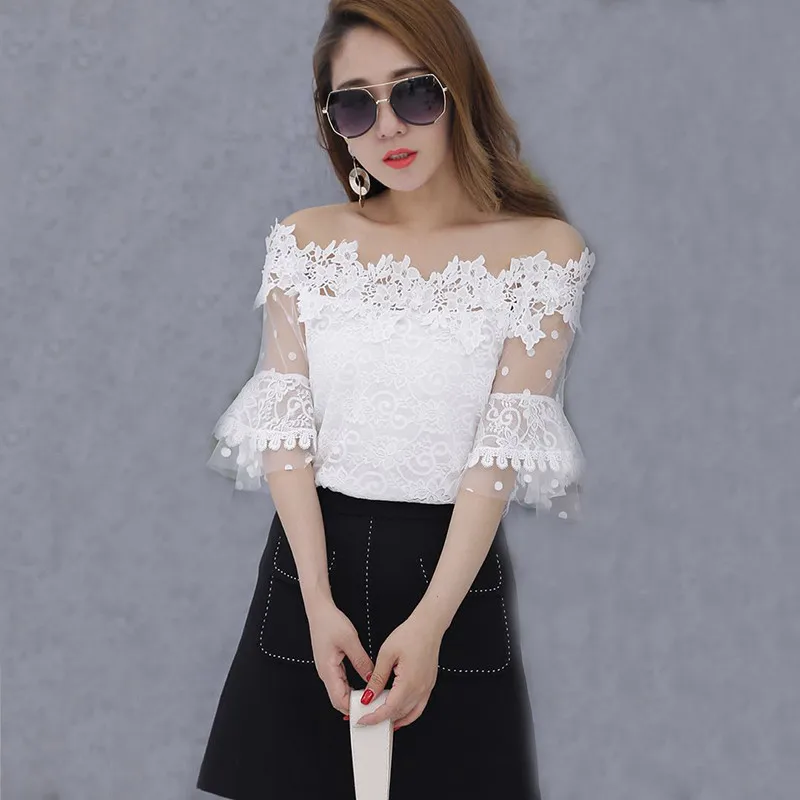 

2018 Women Blouse Spring Summer Sweet Hollow Out Floral Lace Shirt Female Short Sleeve Slash Neck Mesh Blouses Short Tops AB816