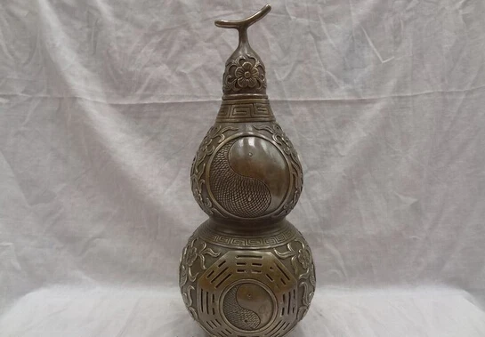 

wholesale factory 14" Chinese Bronze Copper Trigram BiXie Flower Statue Cucurbit Gourd Bottle Pot