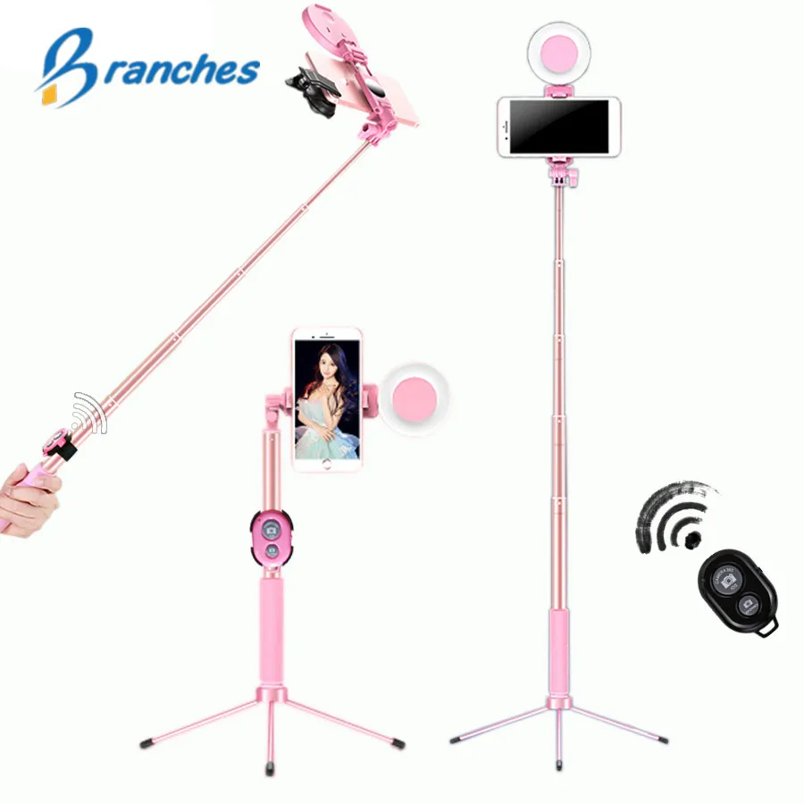  1.7m Extendable live Tripod Selfie Stick LED Ring light Stand 4 in 1 With Monopod Phone Mount for i