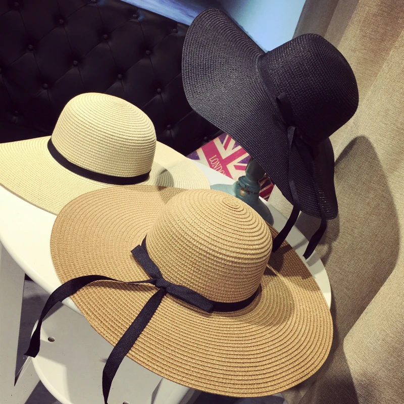 Летние соломенные шляпы с широкими большими полями, шляпы от солнца для женщин, Панамы с защитой от ультрафиолета, пляжные шляпы, женская шляпа с бантом, женская шляпа, ete