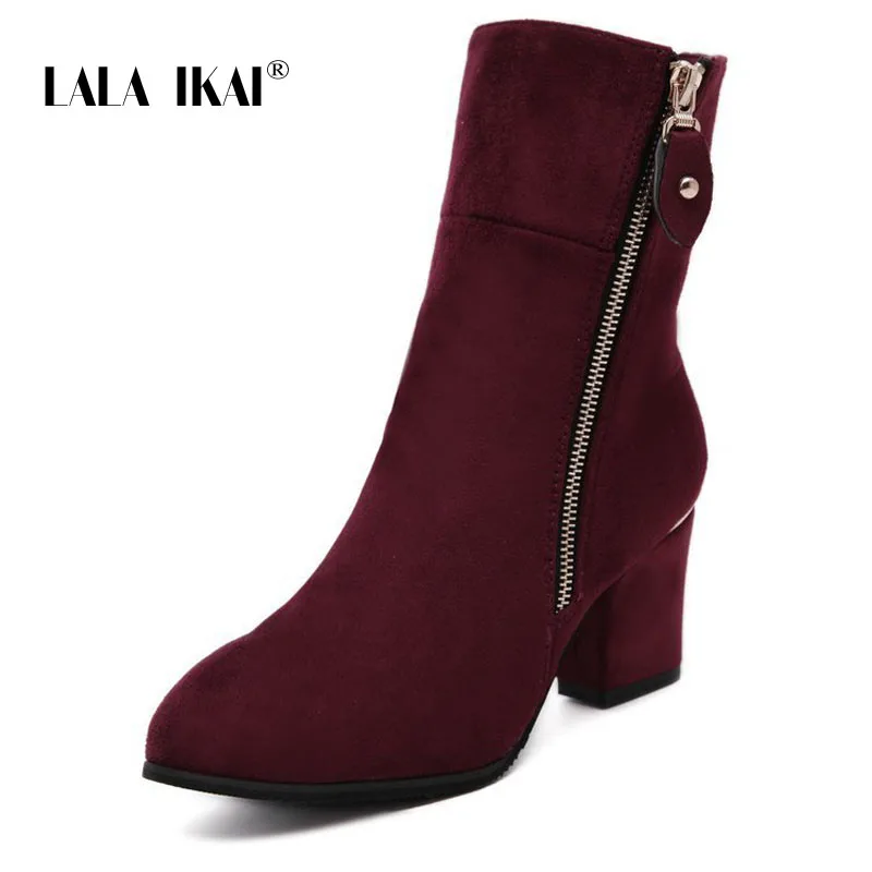 LALA IKAI Women Zipper Winter Two-Way Wearing Ankle Boots Solid Round Toe Square Heel Plus Size Casual Ladies Shoes 040C2890 -49 | Обувь