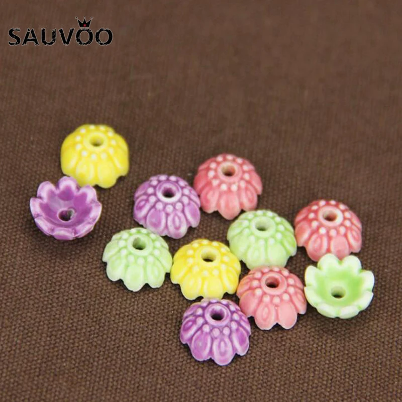 SAUVOO 10Pcs/lot 10mm Glazed Flower Porcelain Beads Cap End Caps