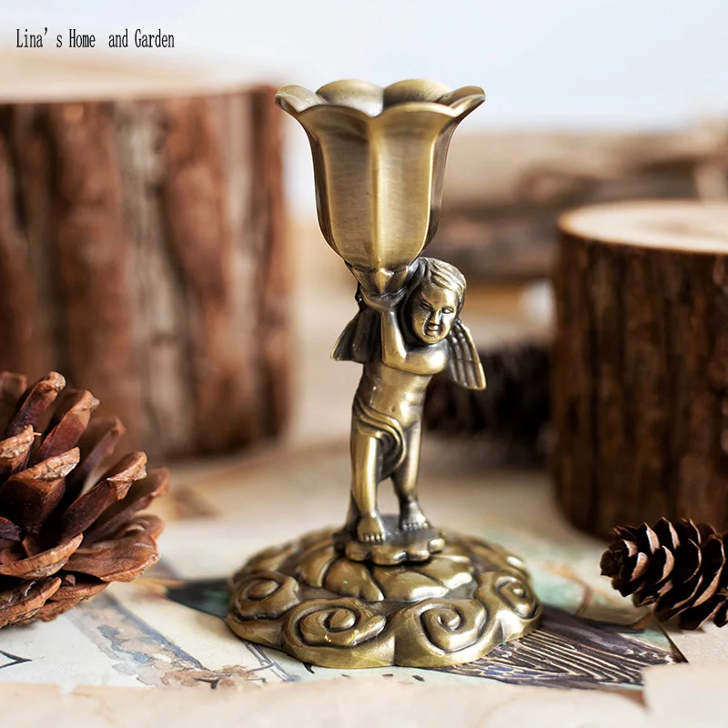 

angel design antique brass pillar candle holder