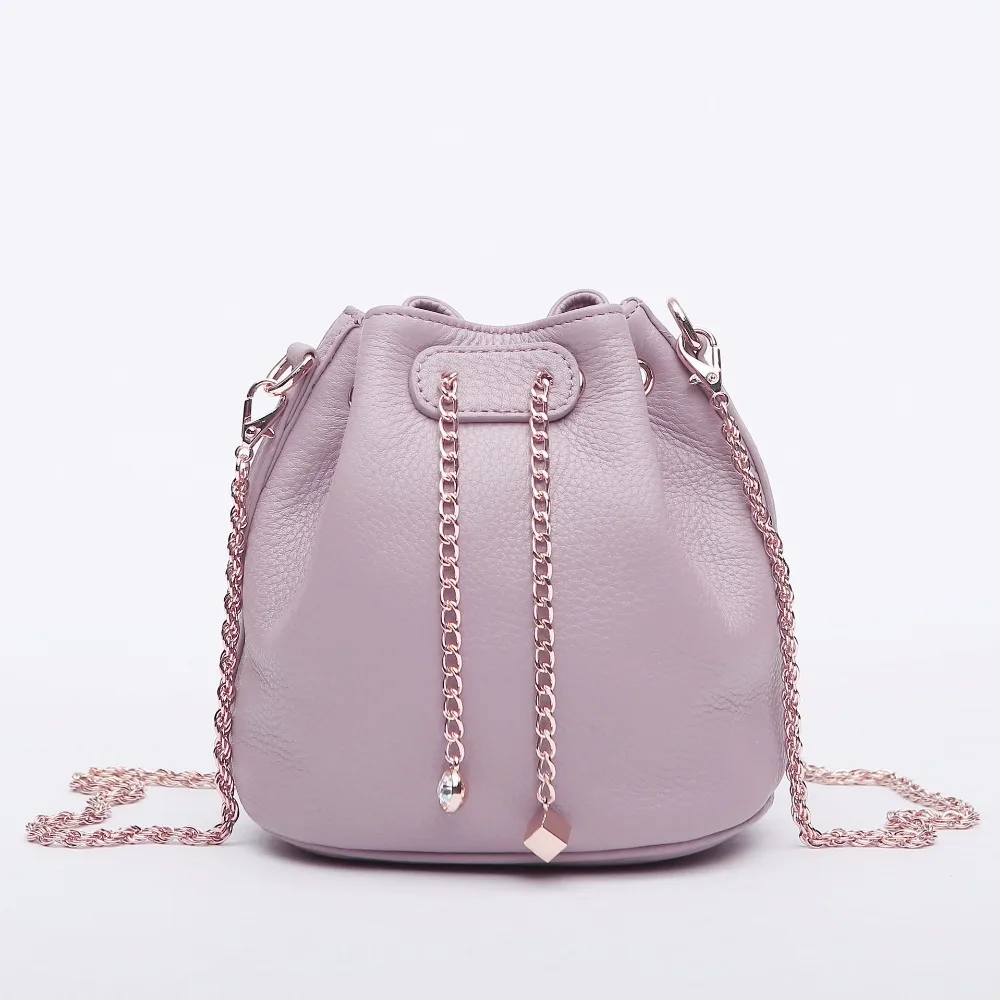 

Fashion genuine leather chain women shoulder bag metal chain tighten women crossbody bag cowhide lichee pattern bucket bags
