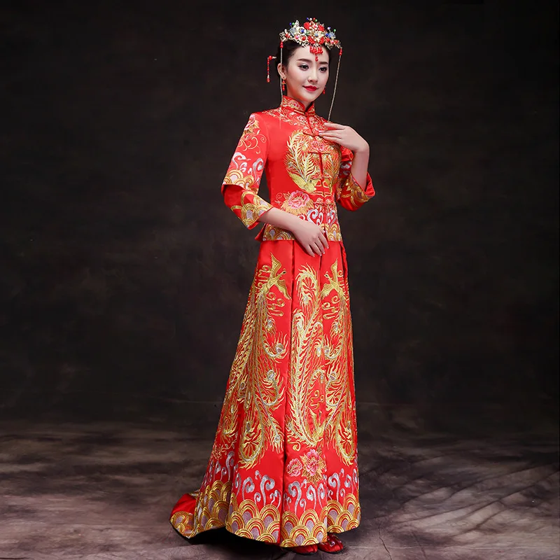  Chinese Traditional Dress Red Long Sleeve Cheongsam Embroidery Qipao Oriental Dresses Wedding Invit - 32877091130