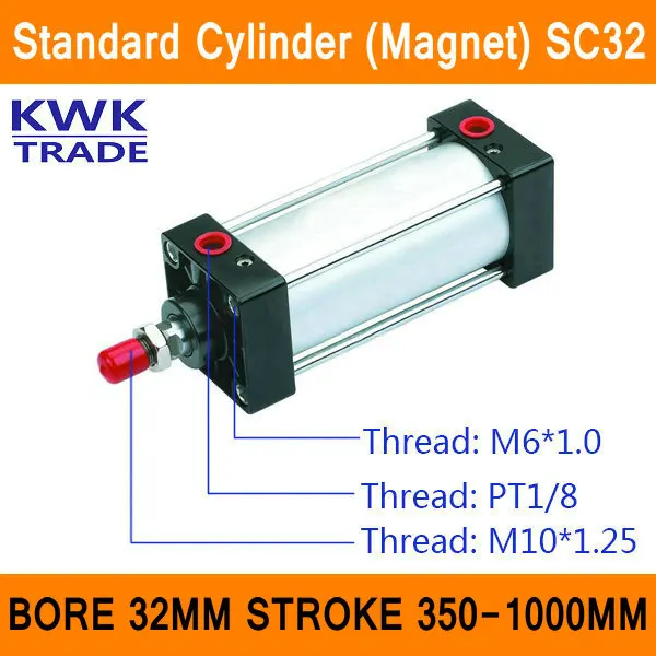 SC32 Standard Air Cylinders Valve Magnet Bore 32mm Strock 350mm to 1000mm Stroke Single Rod Double