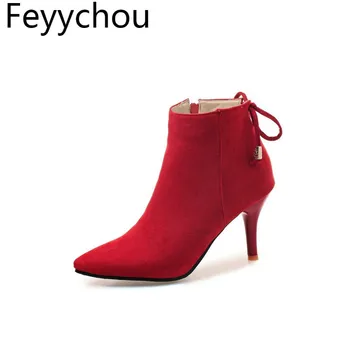 

Women Boots Autumn Winter High Heel Warm Flock Pointed Toe Zipper Ankle Chelsea Shoes 2018 Sexy New Fashion Red Black Size 34-48