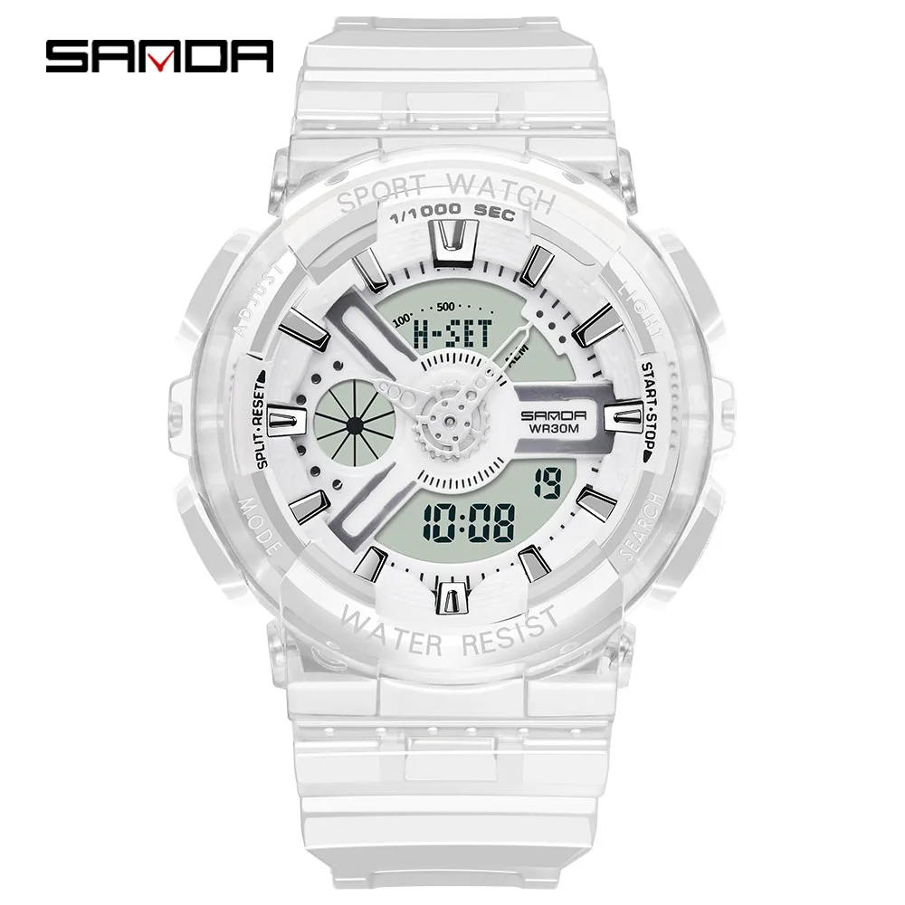 Sanda цифровые парные часы водонепроницаемые часы для мужчин и женщин спортивные прозрачные часы ins супер горячие часы трендовые часы - Цвет: M-white