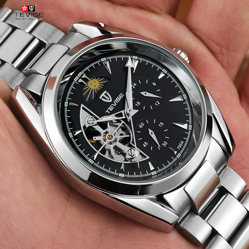 TEVISE Топ бренд автоматические мужские механические часы серебро Нержавеющая сталь самоветер наручные часы водонепроницаемые спортивные часы