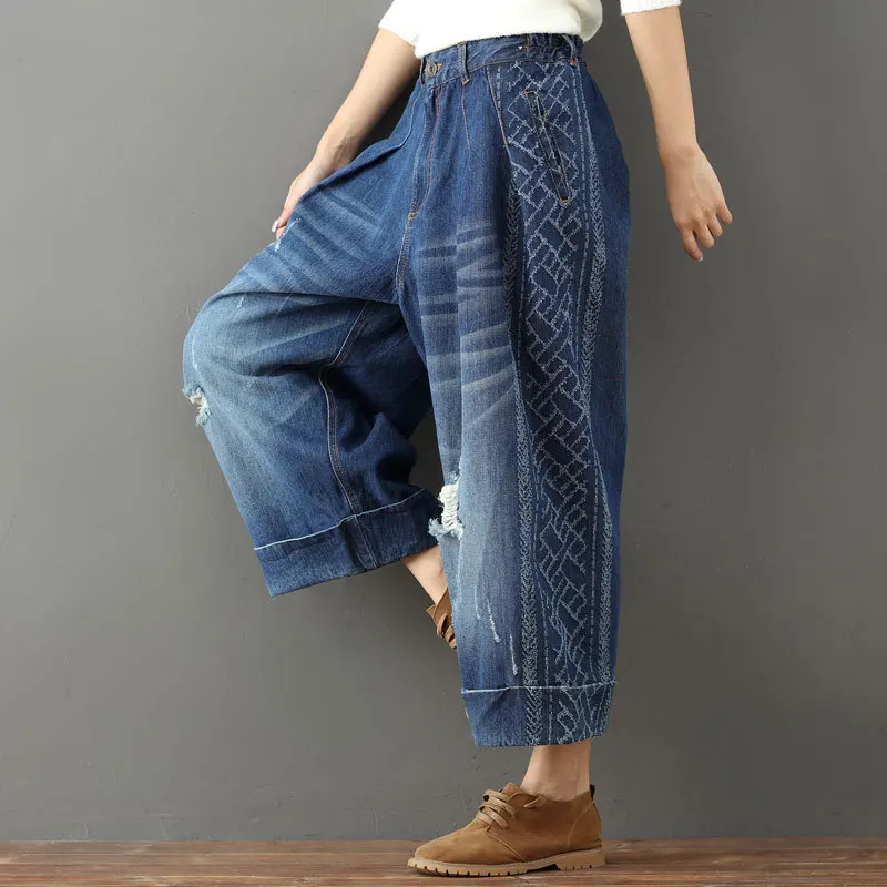 

Women Vintage Loose Elastic Waist Denim Wide Leg Pants Jeans Ladies Pattern Scratched Bleached Holes Trousers Ripped Jeans