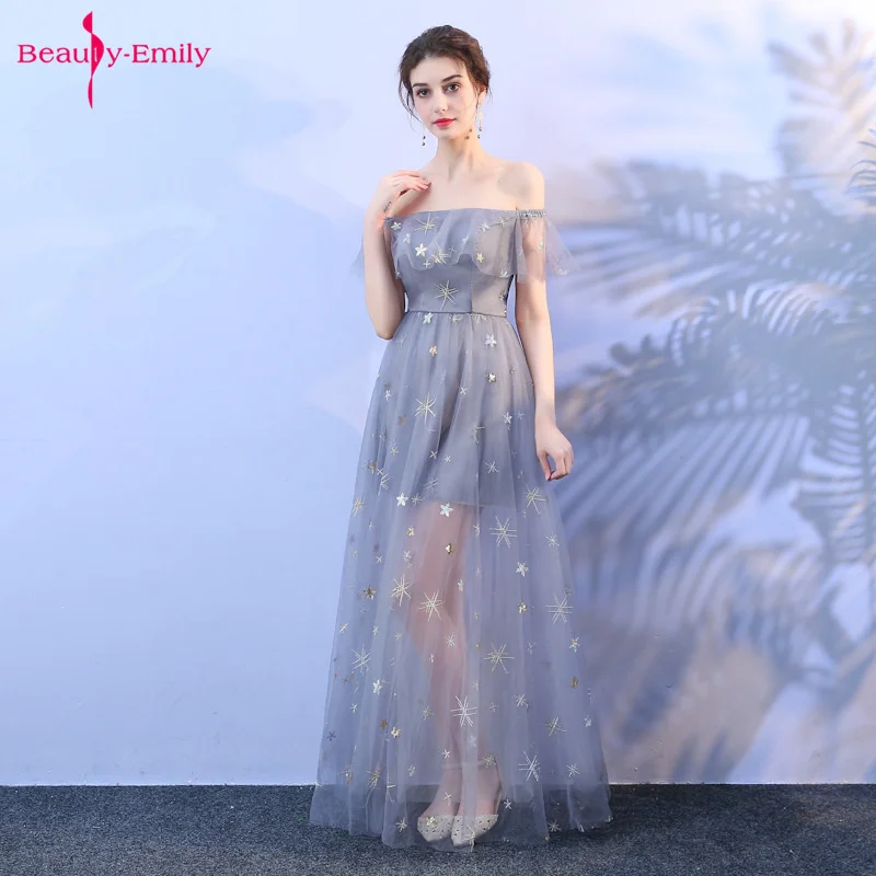 

Beauty Emily Long stars decorated tulle Evening Dress Strapless Chiffon High Split Off The Shoulder Formal Occasion Dresses 2019