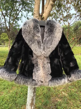 

Womens Black Real Mink Fur Jacket Silver Fox Fur Collar Sheared Mink Jacket Silver Fox Fur Jacket Scarf Cuffs Warm Winter Coat