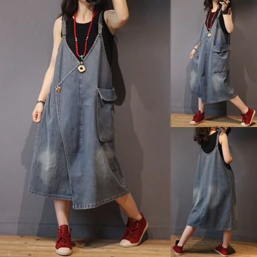 

Spring Autumn Women Casual All-match Loose Plus Size Vintage Bleached Denim Spaghetti Strap A-line Dresses