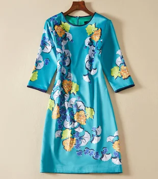 

Vintage Flower Print Women Dress Elegant O-Neck OL Office Ladies Dresses