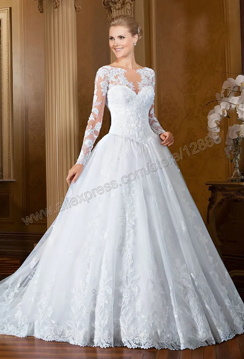 White Long Sleeve Lace Wedding Dresses Muslim Vestidos de Noiva 2016