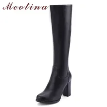 Meotina Autumn Knee High Boots Women PU Leather Square Heels Long Boots Zipper Super High Heel Tall Shoes Female Big Size 34-43 Meotina Autumn Knee High Boots Women PU Leather Square Heels Long Boots Zipper Super High Heel Tall Shoes Female Big Size 34-43