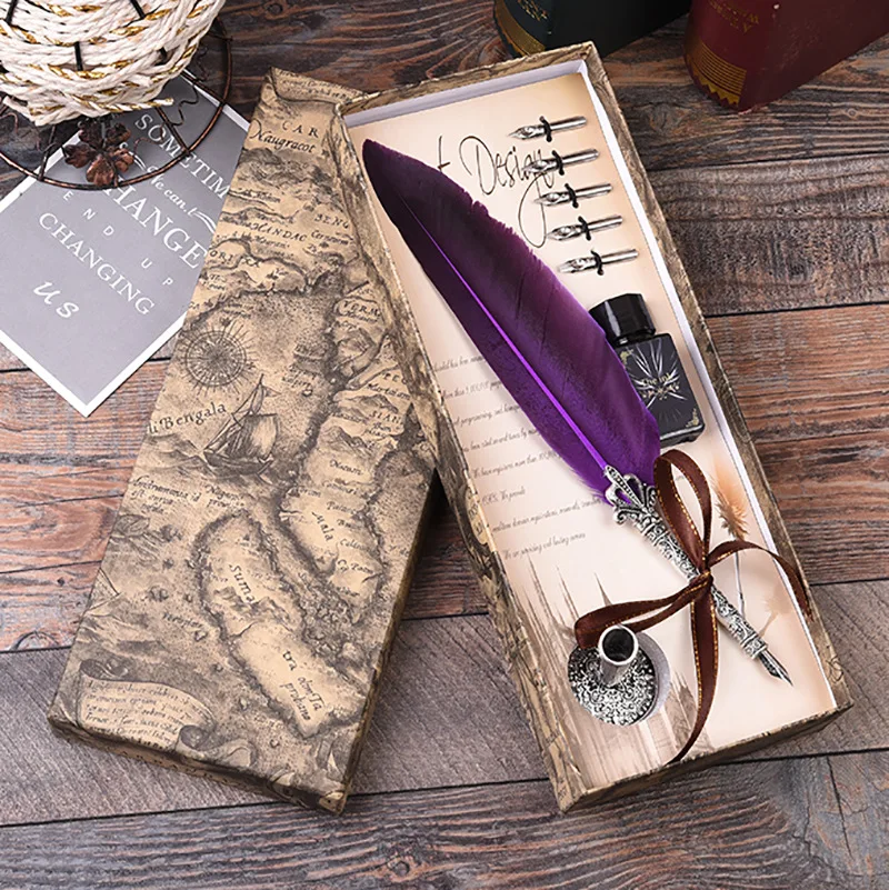 

1Set Turkey Feather Dip Calligraphy with 5 Nib Gift Quill Pen Writing Ink Set Gift Box Wedding Fountain Pen Decoration