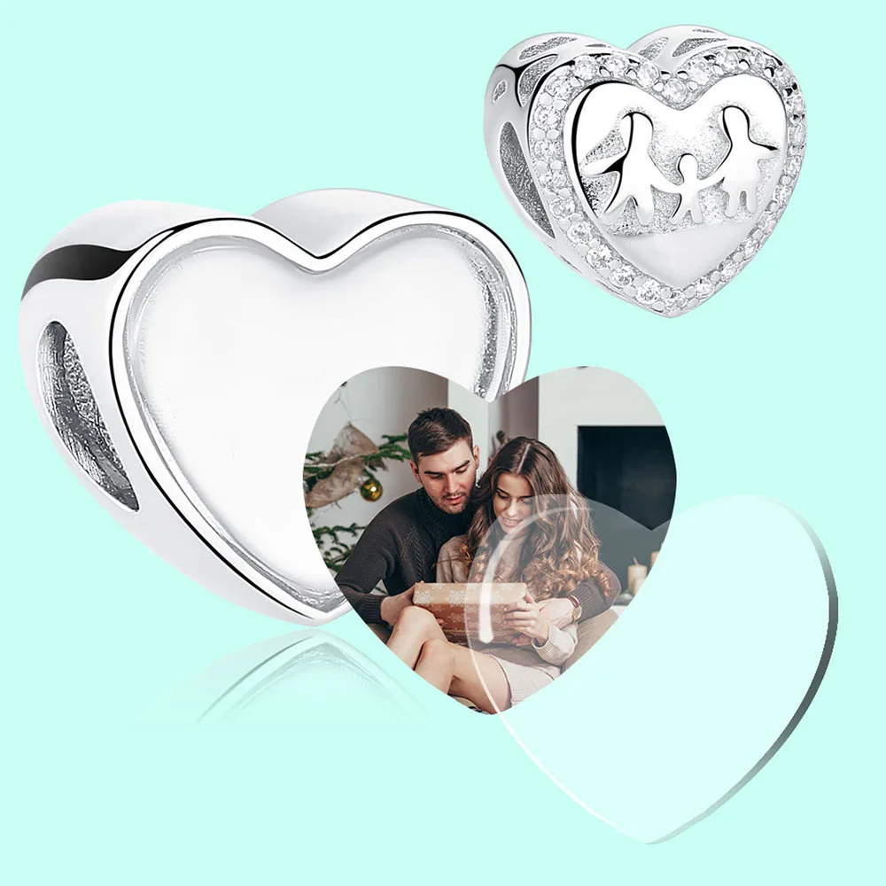 ELESHE Personalized Custom Photo 925 Silver Crystal Heart Charms Bead Fit Bracelet Photo Of Baby Mum Family DIY Jewelry