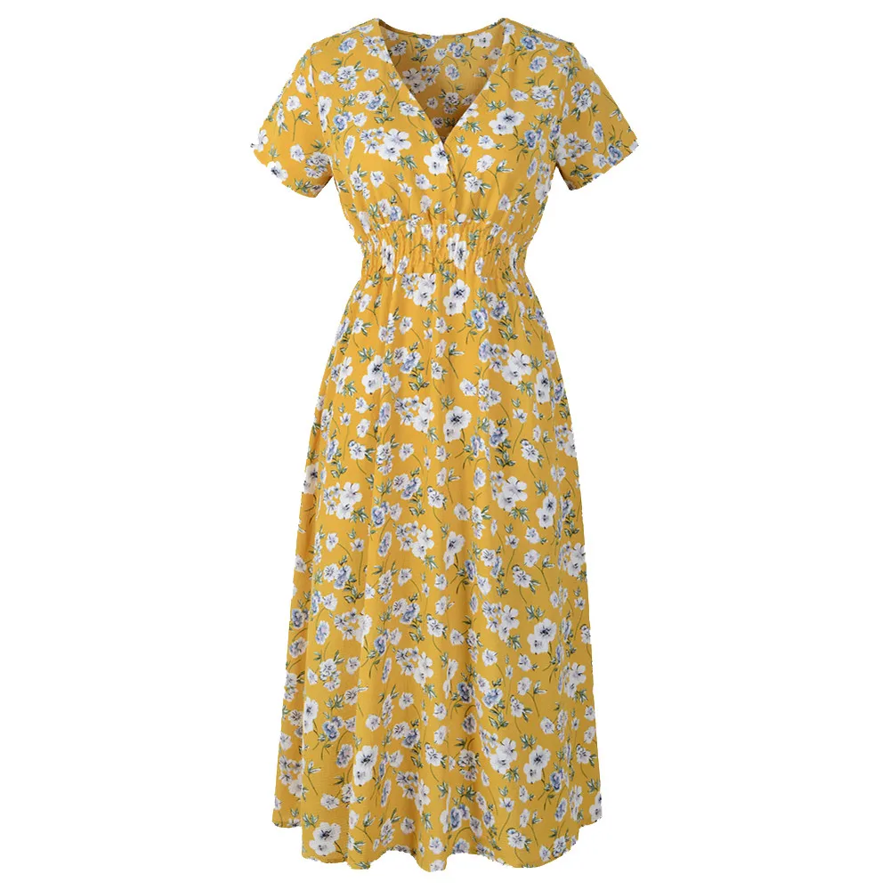 

Women Dress Yellow Casual V Neck Beach Bohemian Dresses Ladies Summer Short Sleeve Loose Dresses Sundress vestido#5%