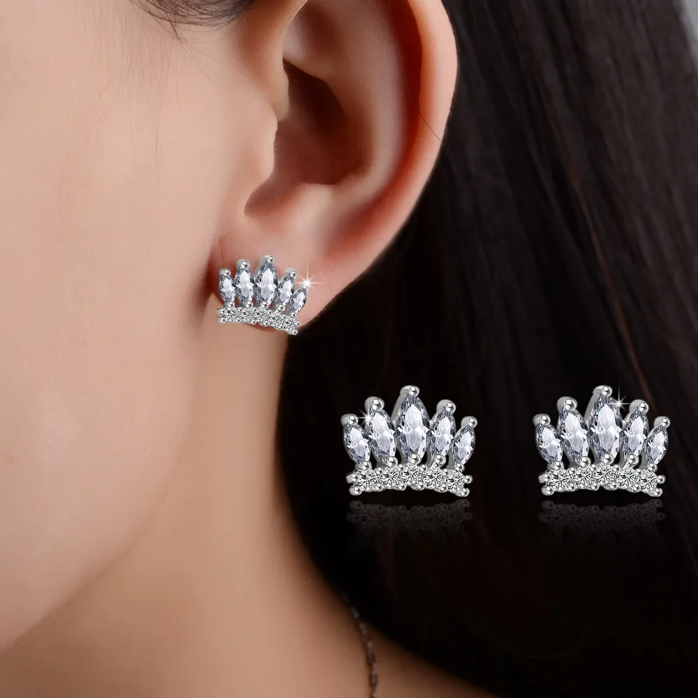 2 Color Charm Princess Crown Stud Earrings Inlay Crystal Dazzling Women