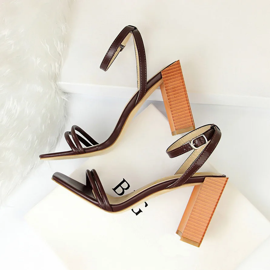 

2018 Women Luxury 9cm High Heels Fetish Strap Sandals Female Cheap Block Heels Shoes Lady Scarpins Brown Chunky Dress Peep Pumps