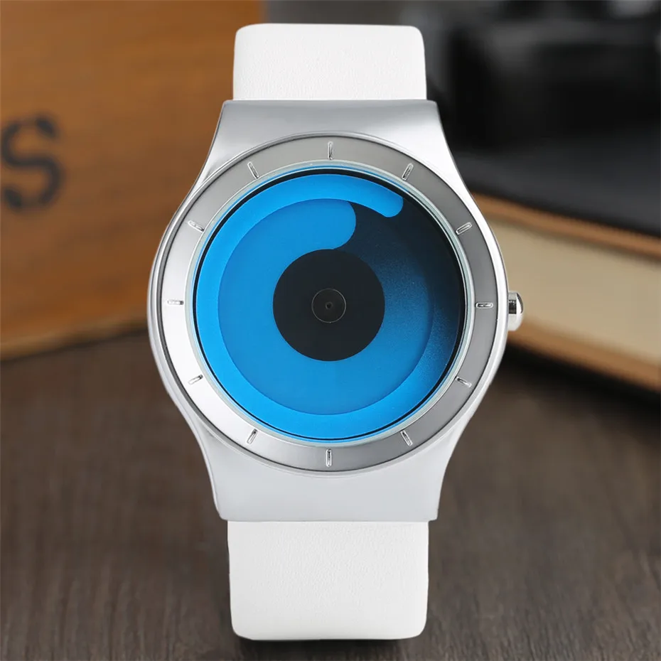 Fashion Mens Watch Leather Analog Quartz Sport Wristwatch Creative Cool Blue Ocean Steel Clock Relogio Masculino Spiral Turntable Swirl Hour Clock Female (53)