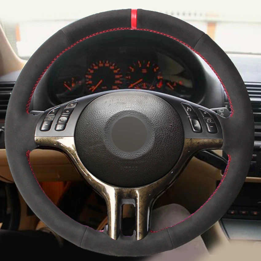 Black Suede Hand stitched Car Steering Wheel Cover for BMW E39 E46 325i