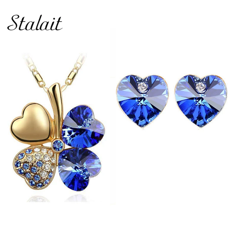 Wholesale Jewelry Sets Rose Gold Color Crystal Clover Heart Pendant Necklace Earrings Set For ...