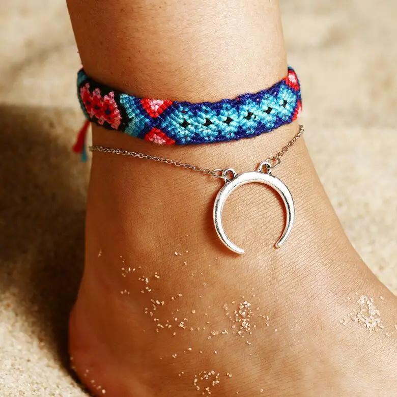 MOON 2 шт. OM Rune плетеные браслеты на ногу для женщин Moon ручной работы из хлопка браслеты индийские женские пляжные бижутерия для ног дропшиппинг - Окраска металла: C593