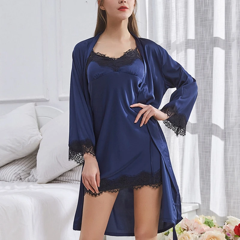 Womens Sexy Silk Satin Pajamas Sleepwear Vintage Midi Robes Sleepwear