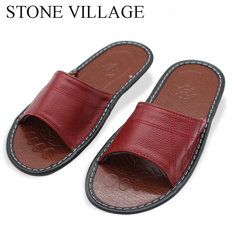Vente PIERRE VILLAGE Nouveau Véritable En Cuir Maison Pantoufles Qualité Femmes Hommes Pantoufles Non slip Intérieur Cool Chaussures Hommes et Femmes sandales d été