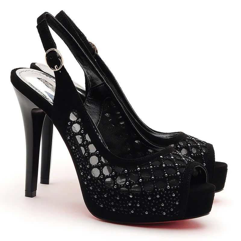 Весна-осень алмаз полые обувь на высоком каблуке обувь с открытым носком пикантные круглый открытый носок водонепроницаемые тонкие пятки сандалии - Цвет: black