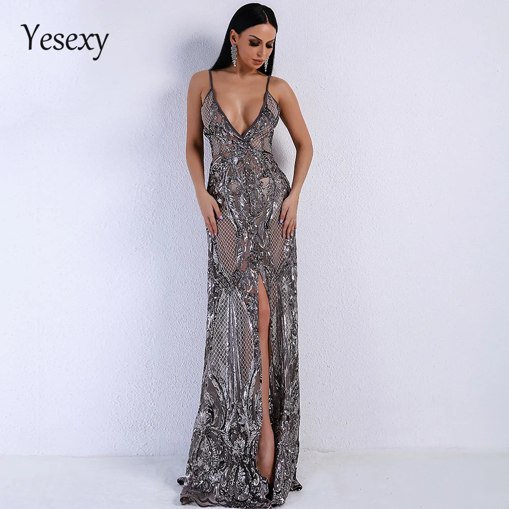 Yesexy, летнее Сексуальное Женское Платье с v-образным вырезом, с открытыми плечами, со средним разрезом, с блестками, прозрачные, макси, вечерние платья, VR5139-5