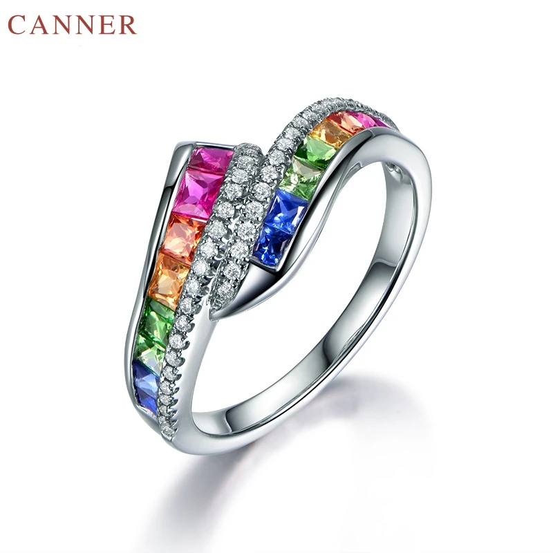 

Colorful Rhinestone Crystal Rings for Women Micro Cubic Zirconia Ring Rainbow Engagement Wedding Rings Silver Color Jewelry C40