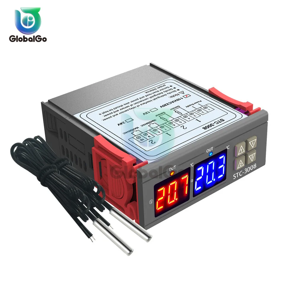 STC-3008 12V 24V 110V-220V Temperature Controller Thermostat Dual Probe Display 