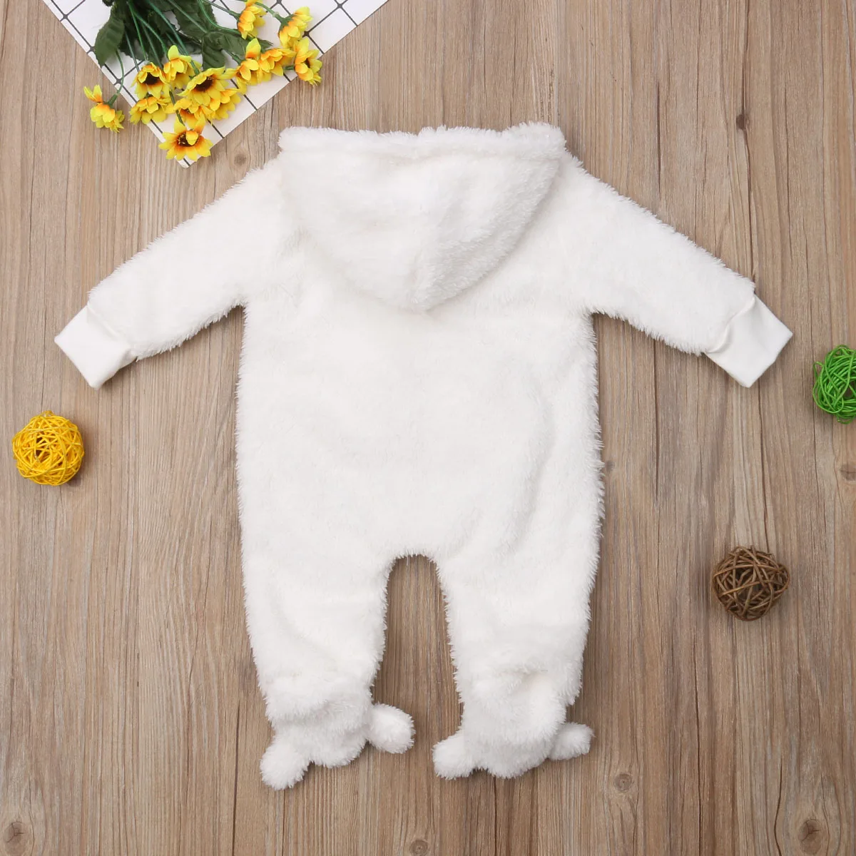 Newborn Baby Boy Girl Fuzzy Hooded Romper Babies Winter Warm Zipper Jumpsuit Outfits Set Clothes 0-12M