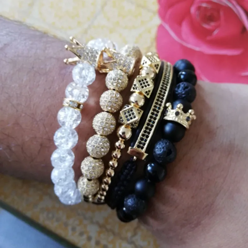 

Hip Hop Gold CZ Crown Bracelets Sets 8MM Cubic Micro Ball Charm 3Pcs/Lot Braiding Man Women Luxury Jewelry Pulseira Bileklik