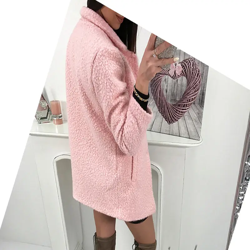 Women Winter Woolen Coat Autumn Casual Solid Color Long Sleeve Pocket Single-Breasted Suit Collar Pink Long Coat Abrigos Fashion (3)