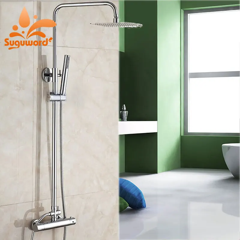 

Suguword Chrome Thermostatic Shower Combo Set Hot and Cold Switch Shower System Mixer Taps 10'' Ultra-thin Shower Head