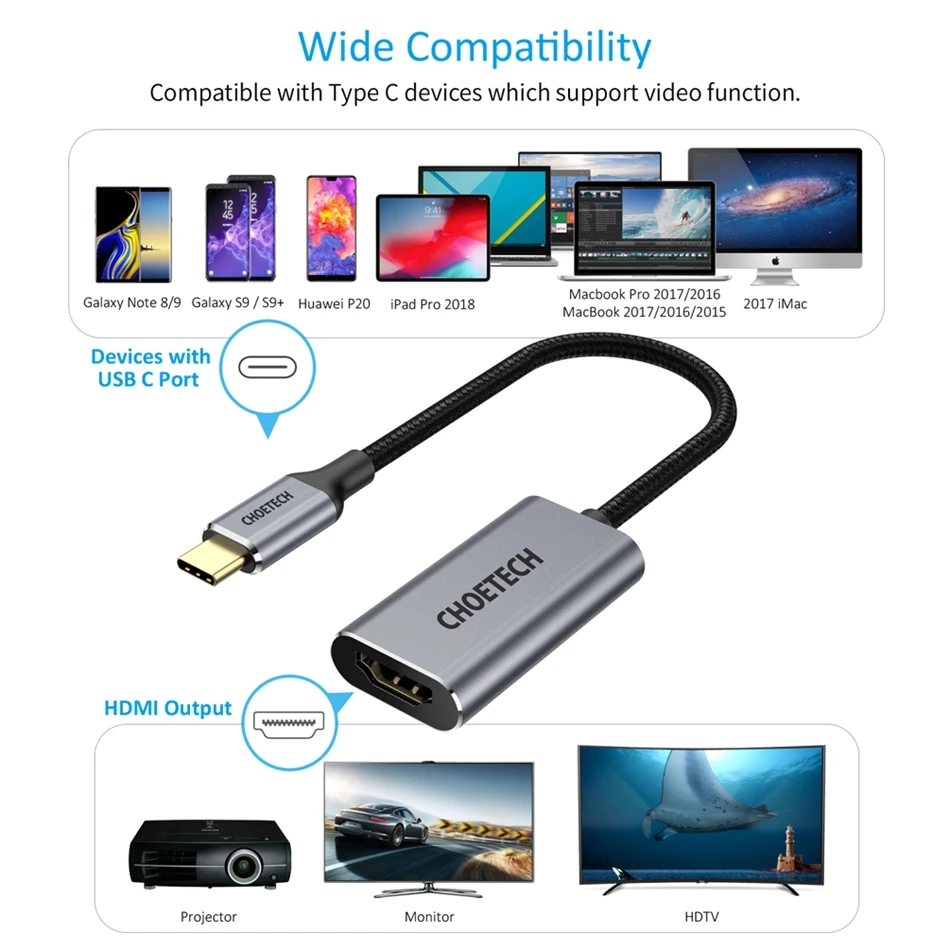 CHOETECH USB C к цифровому av-адаптеру usb type C к HDMI HUB 4 k@ 60Hz плетеный кабель Thunderbolt 3 совместим с MacBook Pro iPad