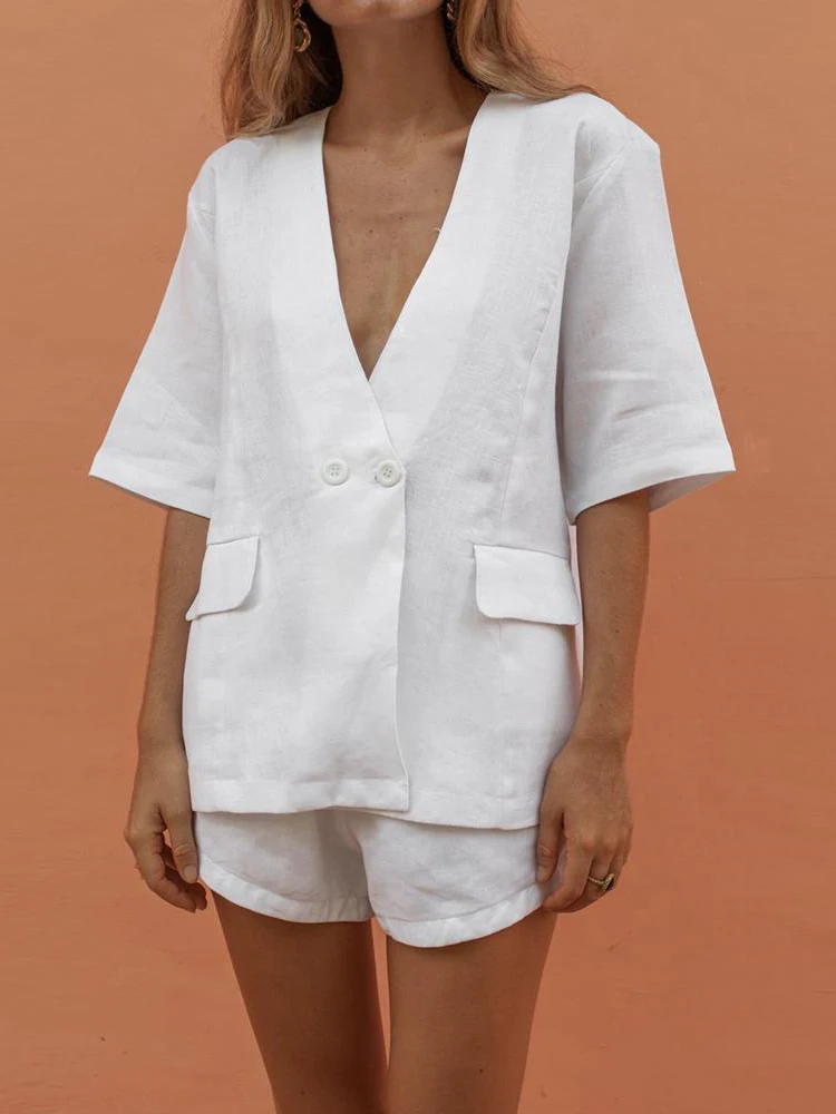 

Linen Refreshing Two Piece Summer Women's Suit Solid Sexy V-Neck Jacket and Elastic Waist Shorts Casual Suits Plus Size 3XL