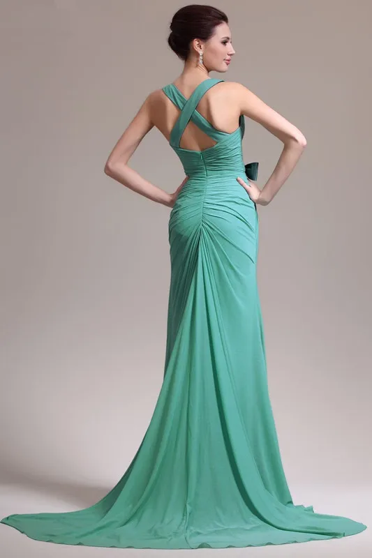 Freeshipping-New-Elegant-Green-V-Neck-Crisscross-Back-Chiffon-Evening-Dress