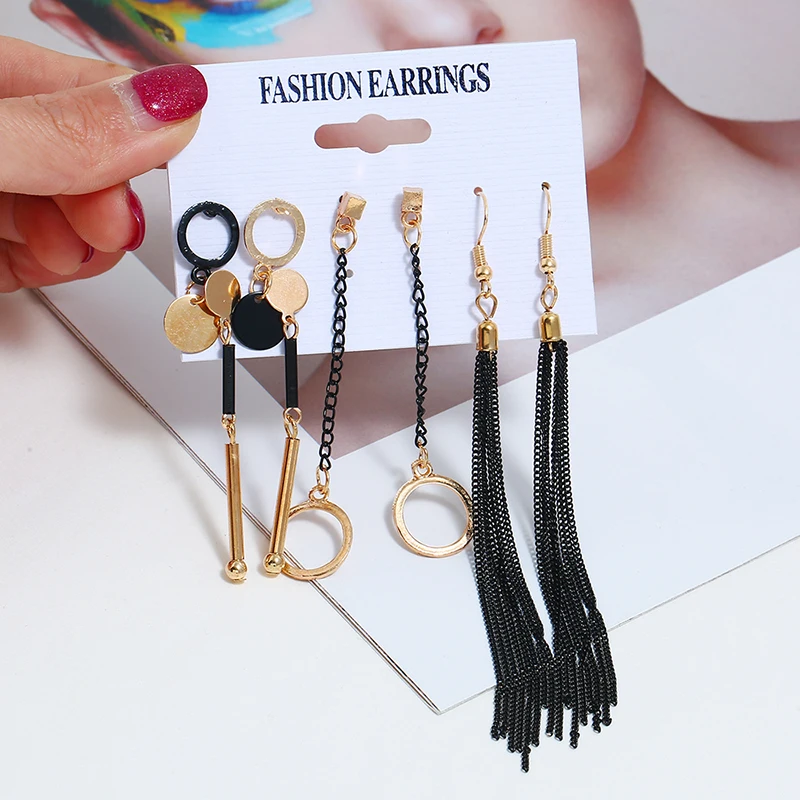 

ZOSHI Fashion Geometric Gold Drop Earrings Set For Women Girls Metal Gold Round Long Tassel Earring Handmade Female Ear Jewelry