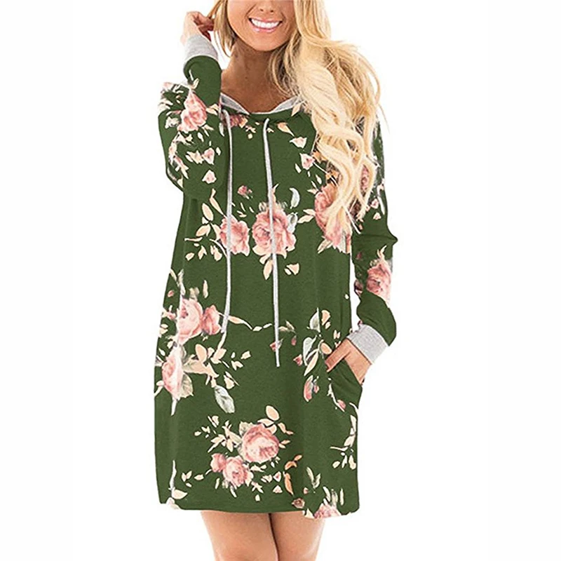 Womens Floral Hooded T-shirt Dress Ladies Long Sleeve Casual Holiday Short Dress