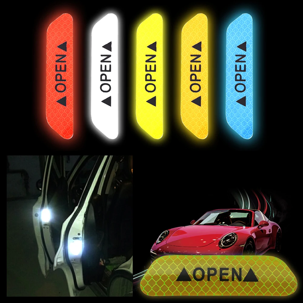 4PCS Auto Car Door Open Sticker Reflective Tape Safety Warning Decal Universal
