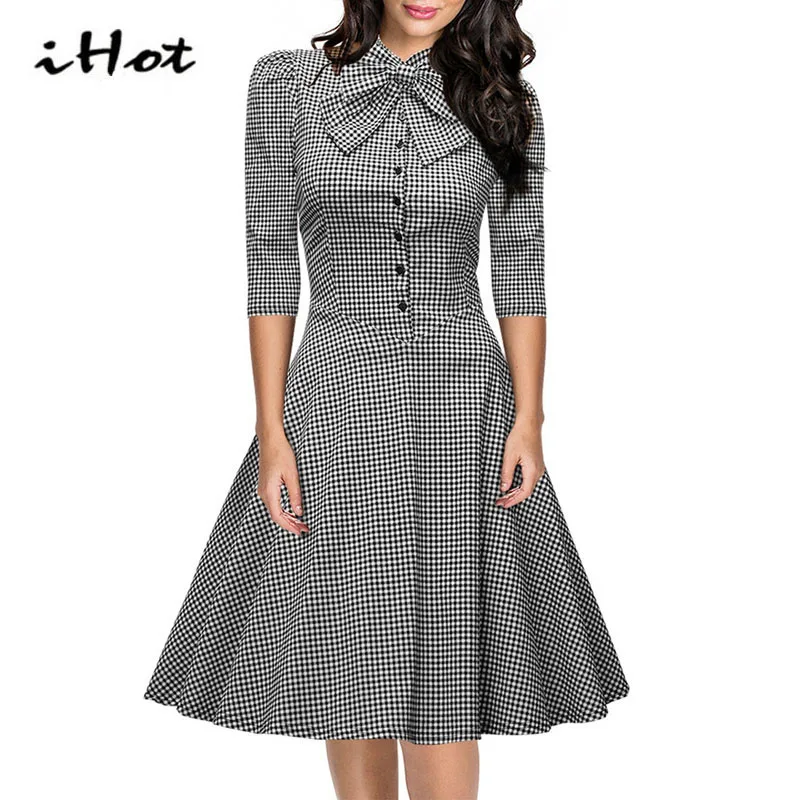 Women font b tartan b font Clothing fall fashion 3 4 Sleeve Button Checkered Bow Stand