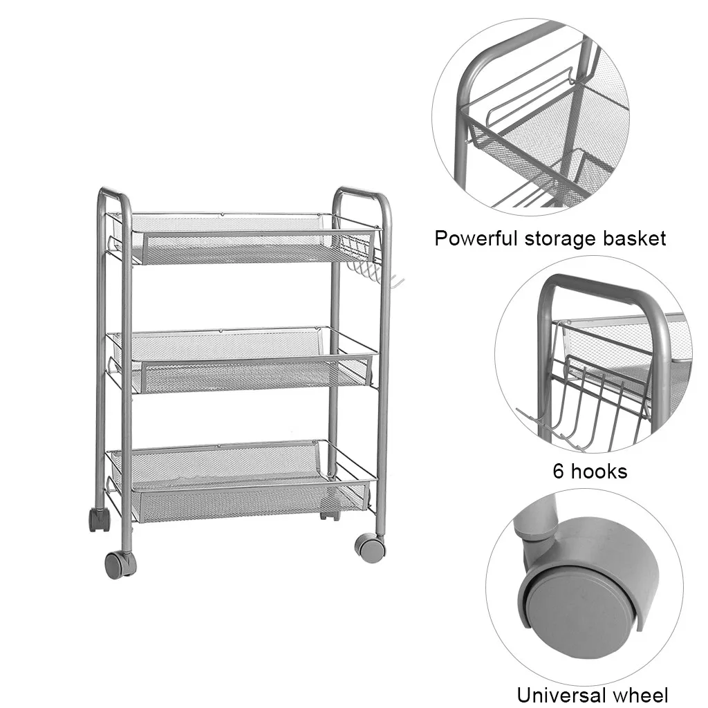 Жилая Бытовая products3-Tier сетчатая проволочная корзина для хранения на колесиках для кухни# G7