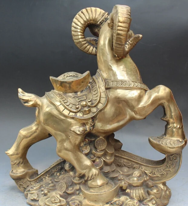 

S0298 16" Chinese Fengshui Bronze Zodiac Year Sheep Goat Money Wealth Yuanbao Statue